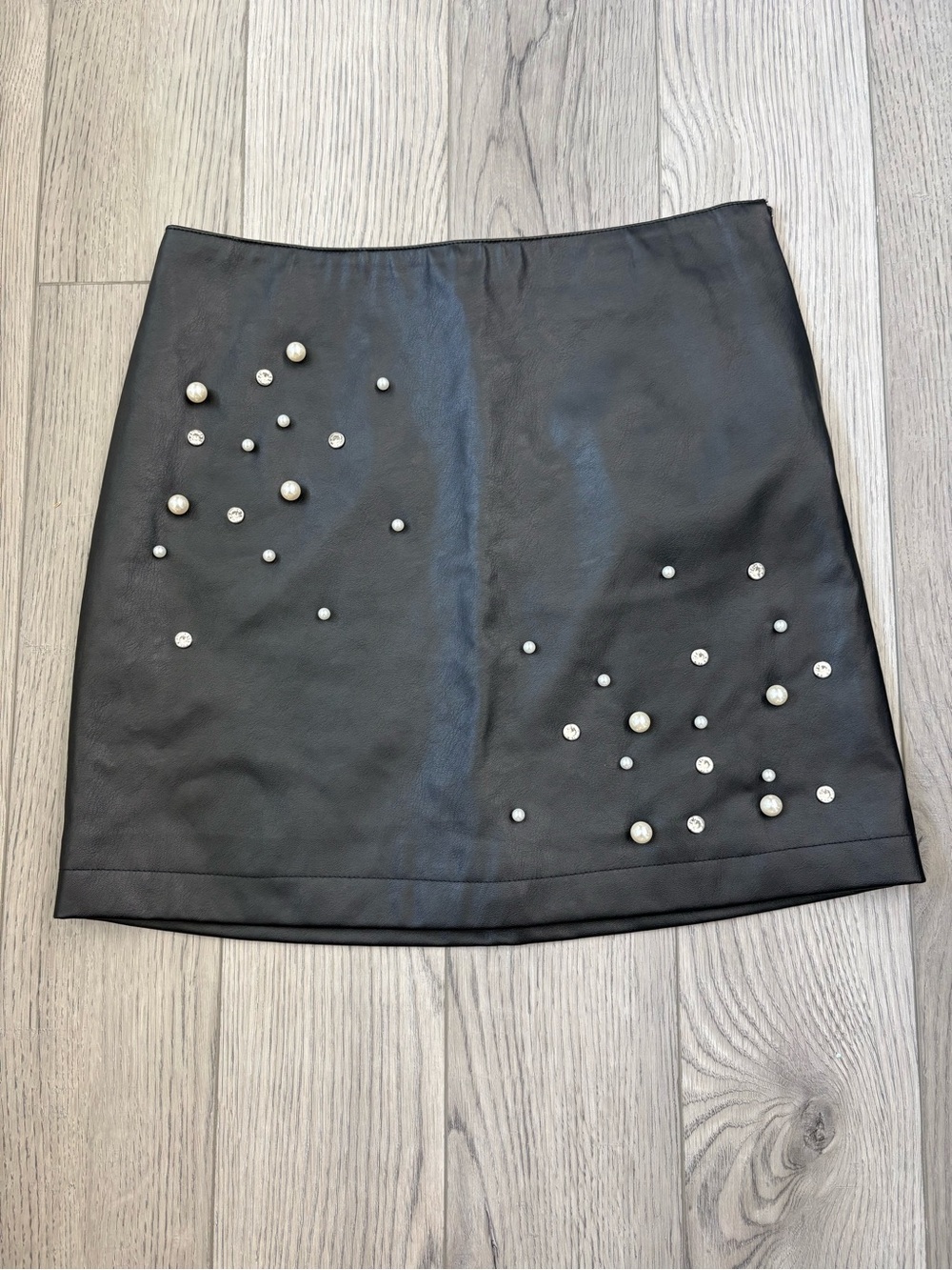 Blue Rain Black Faux Leather Mini Skirt with Pearl & Rhinestone Accents